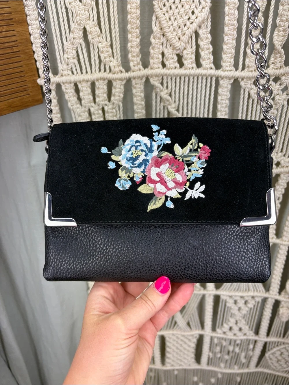 White House Black Market Black Crossbody Bag with Black Suede, Floral Embroidery